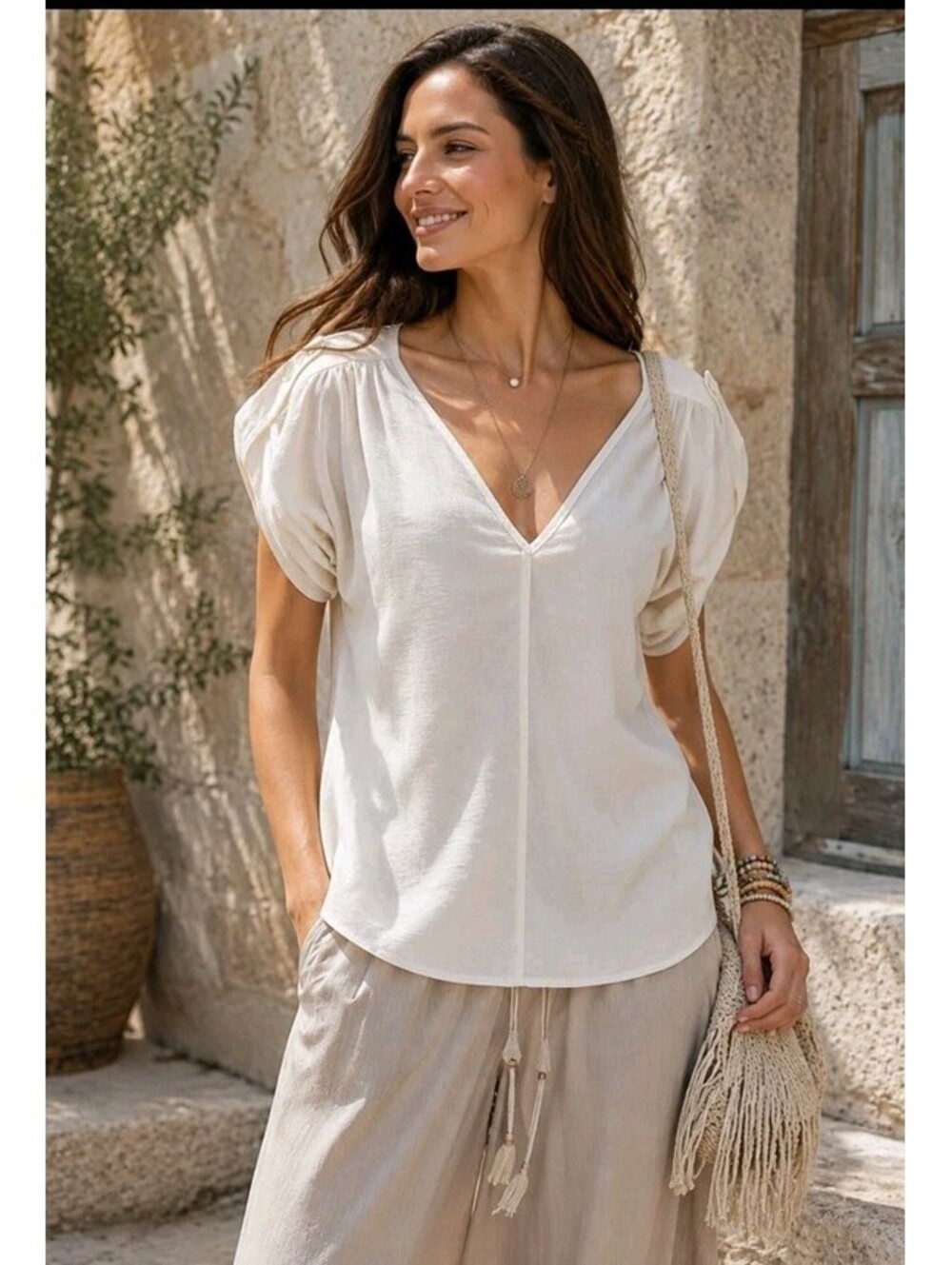 Trina Turk Women's Size M Ivory Top Roll-tab Sleeve Blouse #CC
